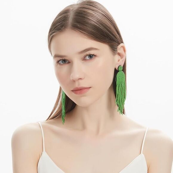 Long Boho Green Beaded Tassel Fringe Dangling Drop Fan Chandelier Post Earrings - Picture 7 of 7